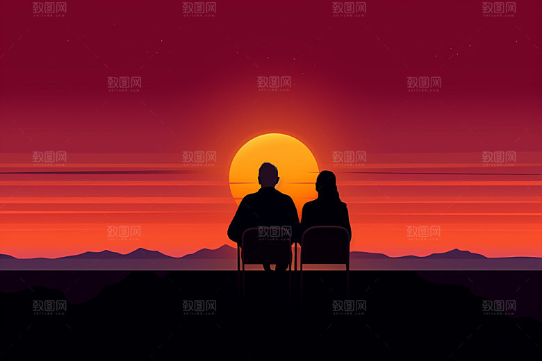 夕阳红老年人背影温馨插画
