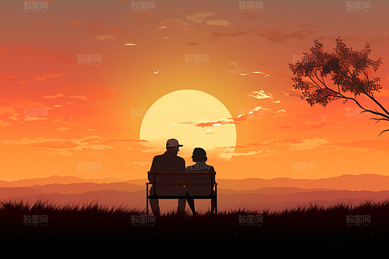 夕阳红关爱老人剪影插画