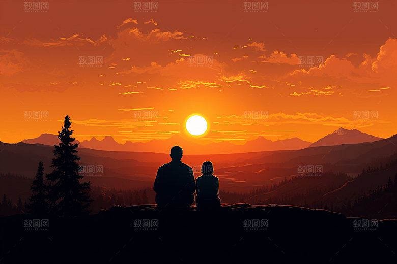 夕阳红秋色暖色调插画