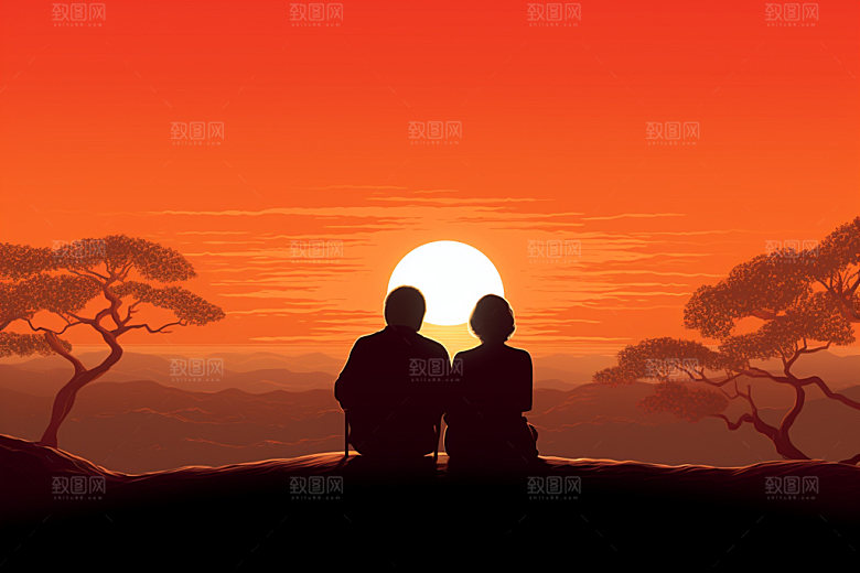 夕阳红秋色关爱老人插画