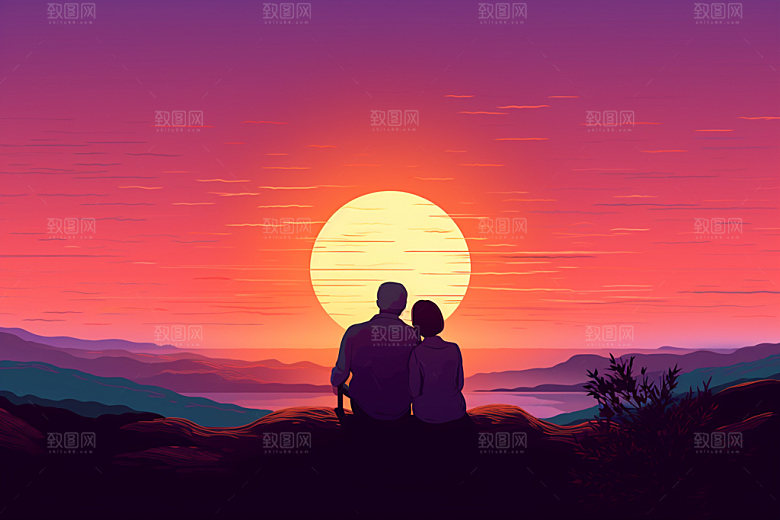 夕阳红重阳节剪影插画