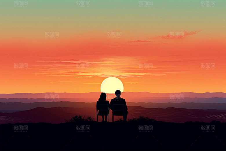 夕阳红老年人背影落日插画