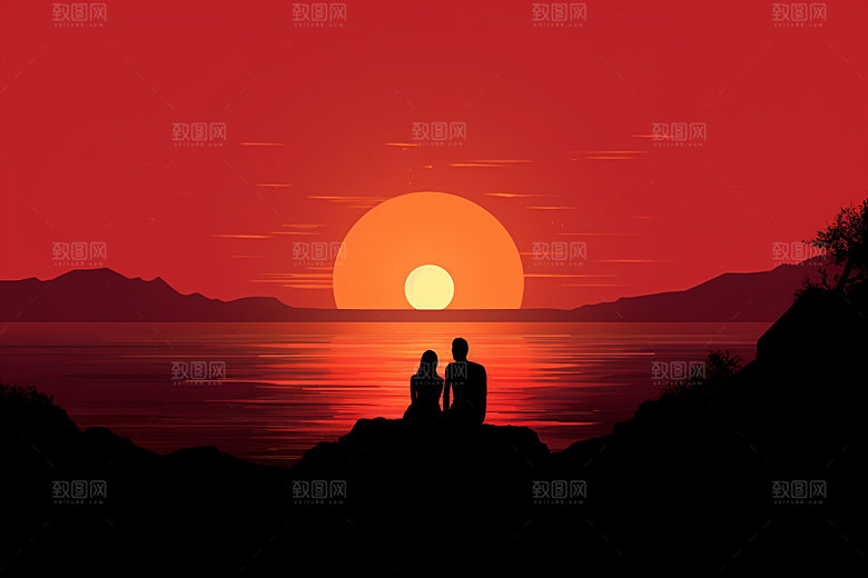 夕阳红剪影暮年插画