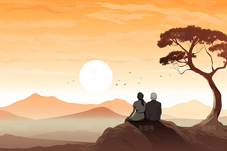 夕阳红老年人背影剪影插画