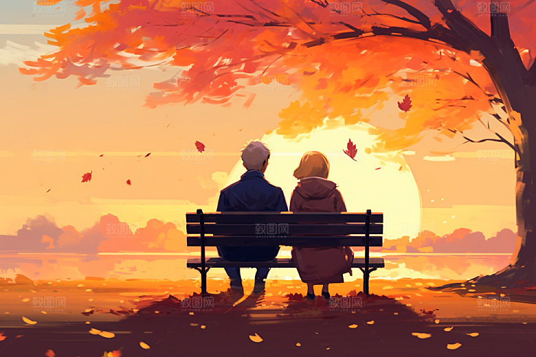 夕阳红老年人背影暖色调插画