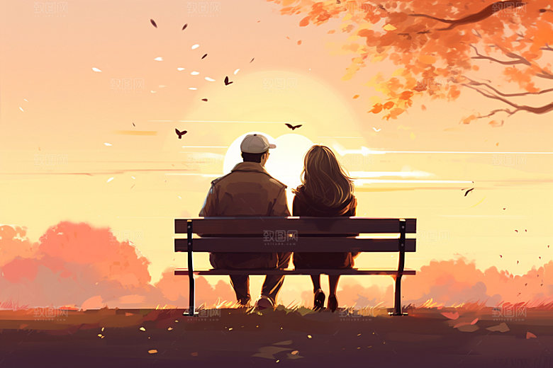 夕阳红关爱老人剪影插画