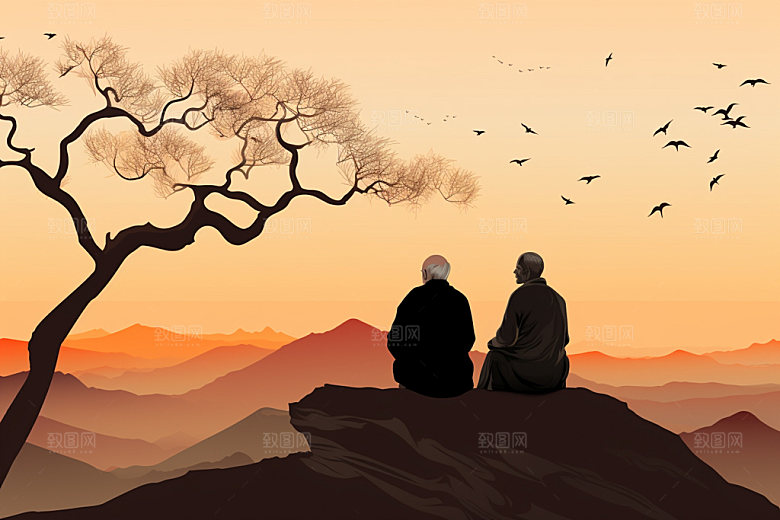 夕阳红暮年剪影插画