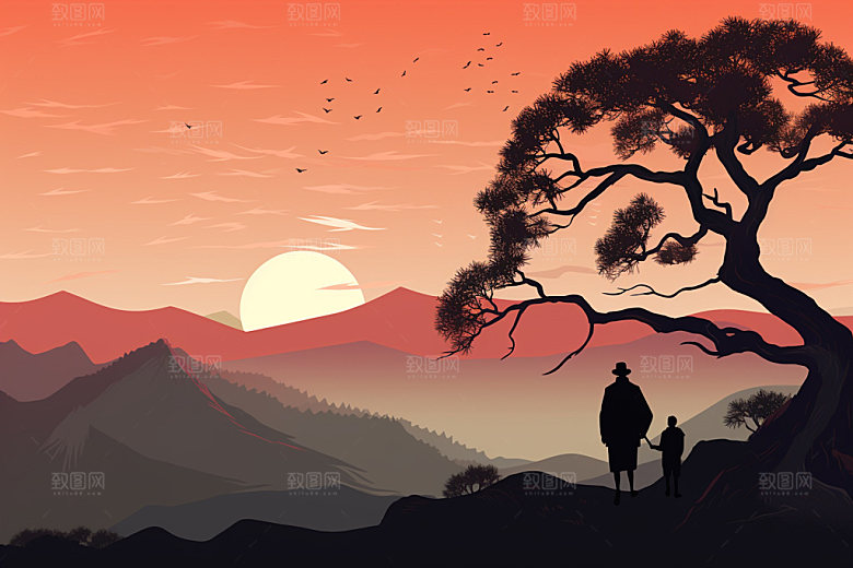 夕阳红老年人背影关爱老人插画