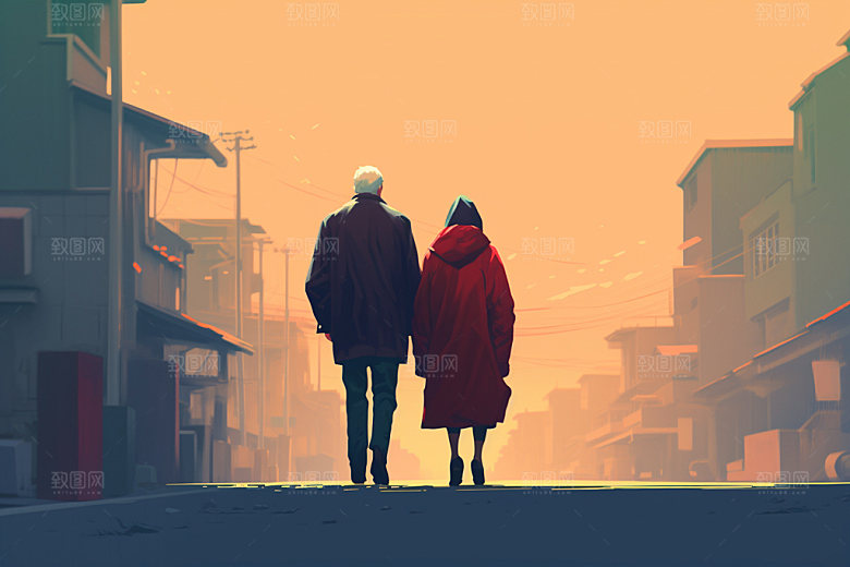 夕阳红秋色暮年插画