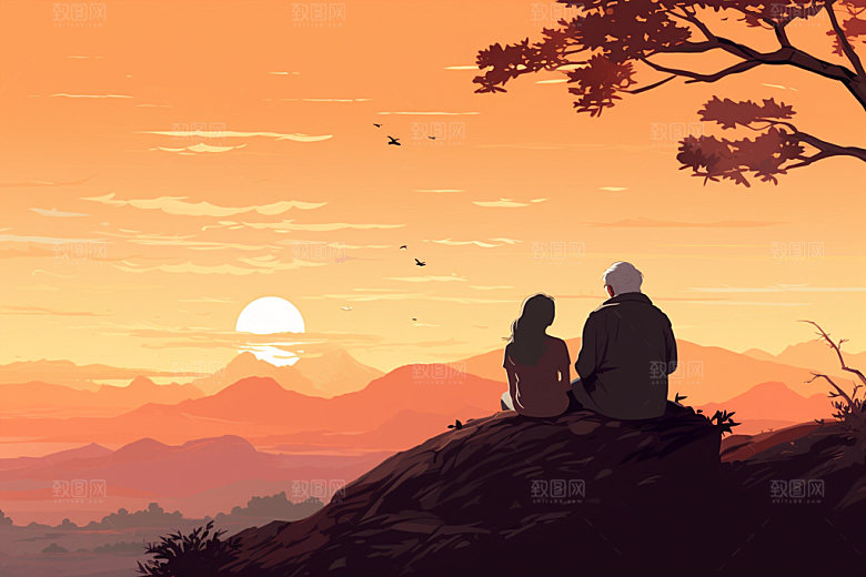 夕阳红落日暖色调插画