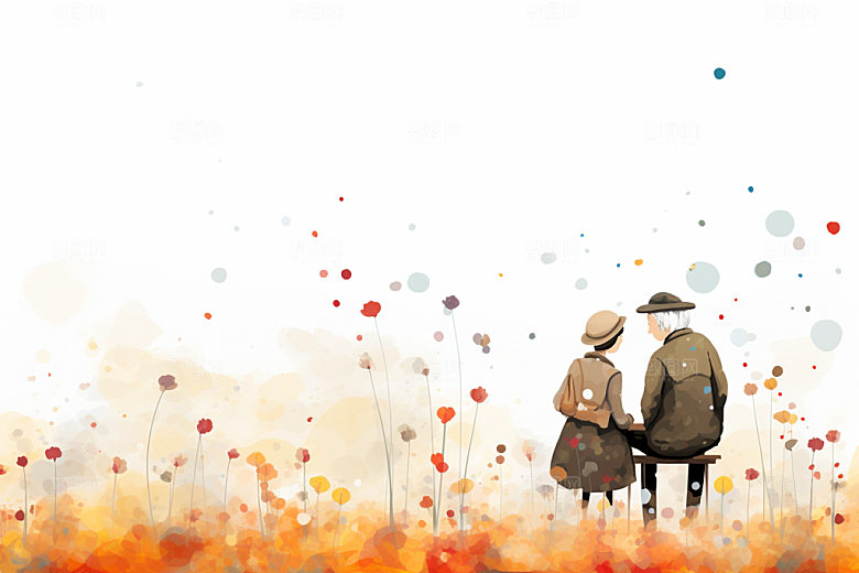 夕阳红关爱老人老年人背影插画