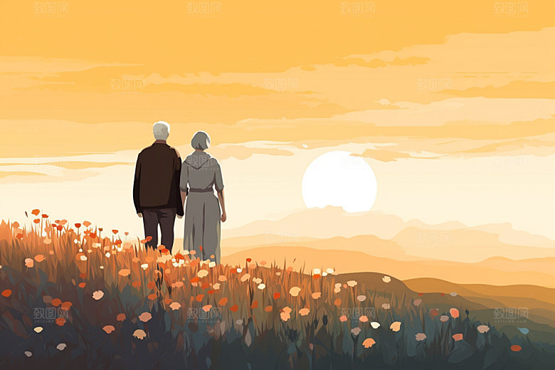 夕阳红落日老年人背影插画