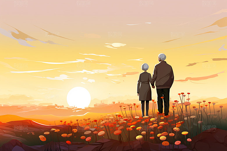 夕阳红暮年秋色插画