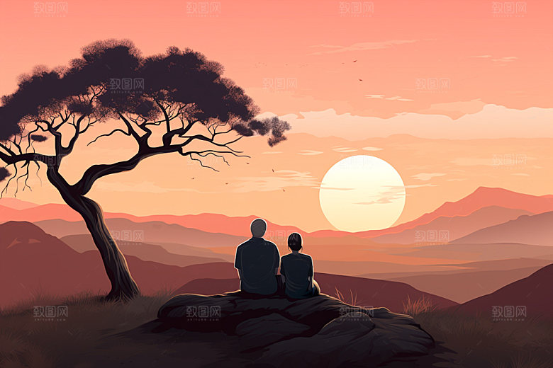 夕阳红暮年剪影插画