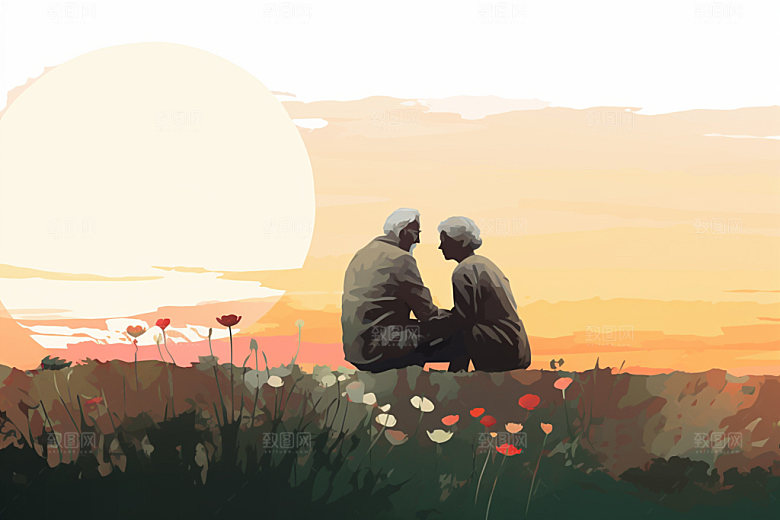 夕阳红暮年秋色插画