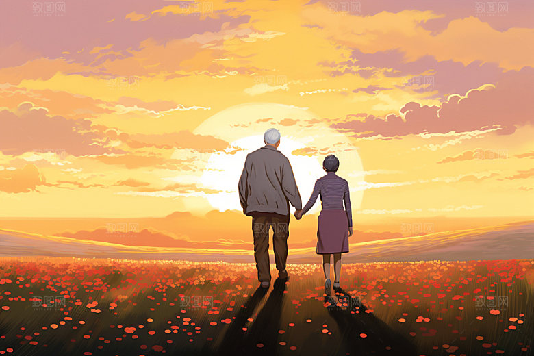 夕阳红关爱老人老年人背影插画