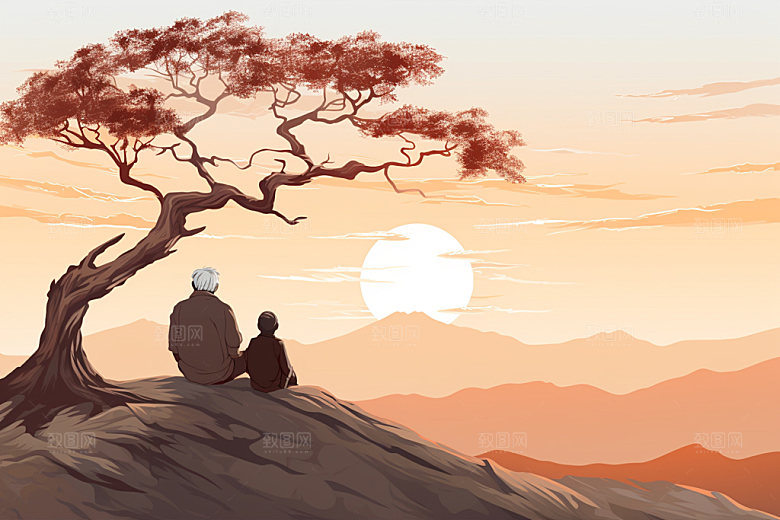 夕阳红秋色老年人背影插画