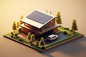 屋顶光伏家用太阳能光伏发电2.5D插画