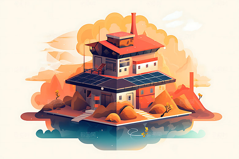 屋顶光伏住宅清洁能源2.5D插画