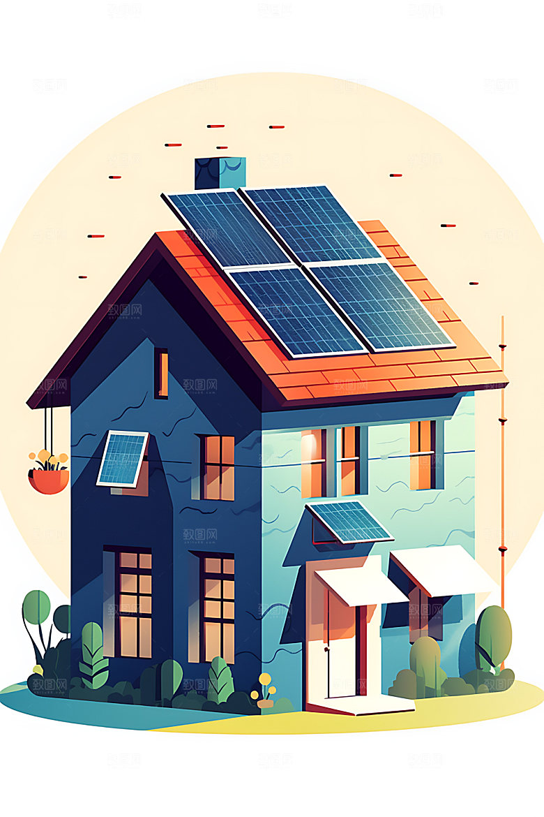 屋顶光伏清洁能源住宅2.5D插画