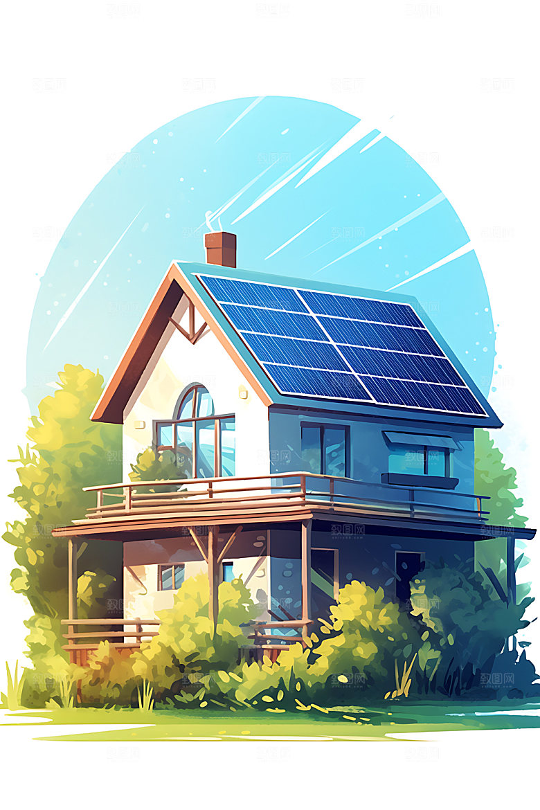 屋顶光伏住宅清洁能源2.5D插画