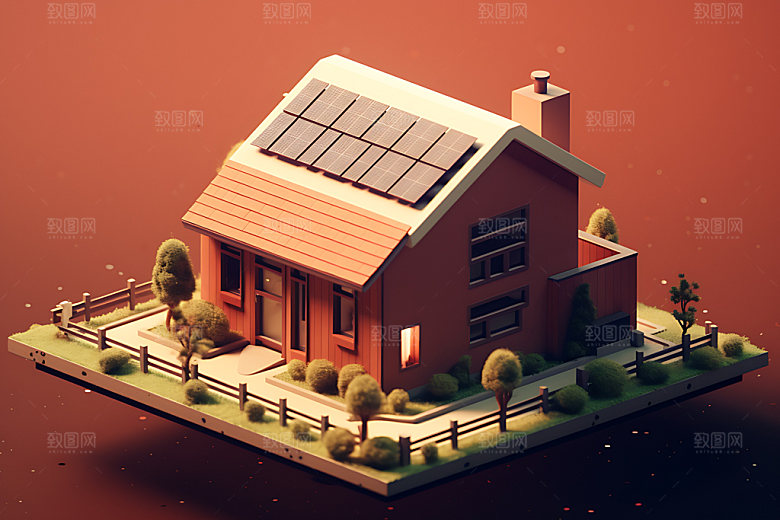 屋顶光伏住宅清洁能源2.5D插画