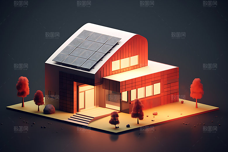 屋顶光伏住宅家用太阳能2.5D插画