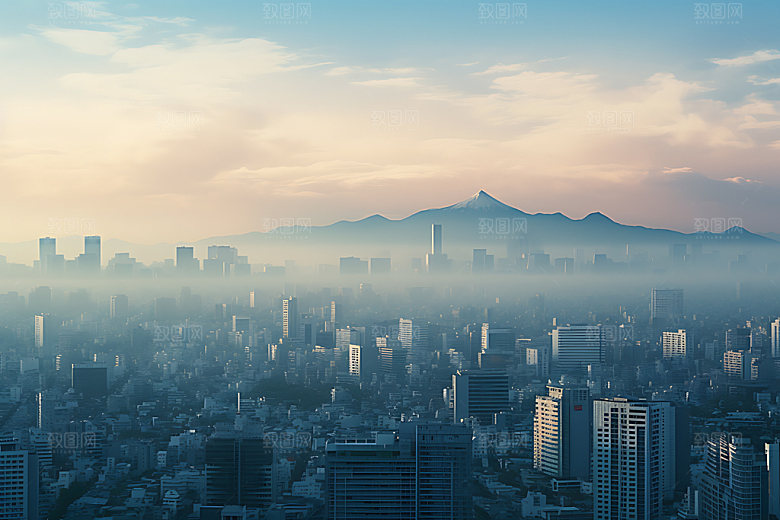城市雾气唯美都市风光摄影图