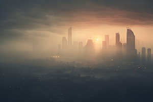 城市雾气云雾城市建筑摄影图