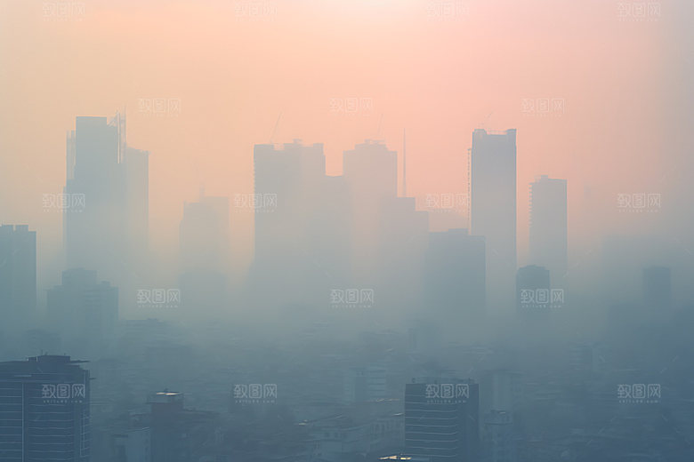 城市雾气烟雾城市建筑摄影图