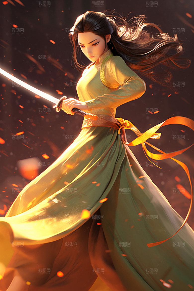 武侠少女中式唯美插画