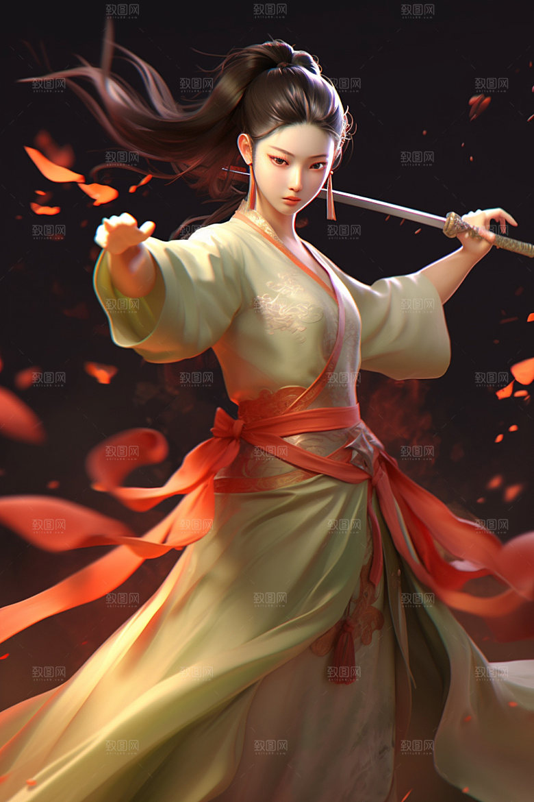武侠少女中国风汉服插画