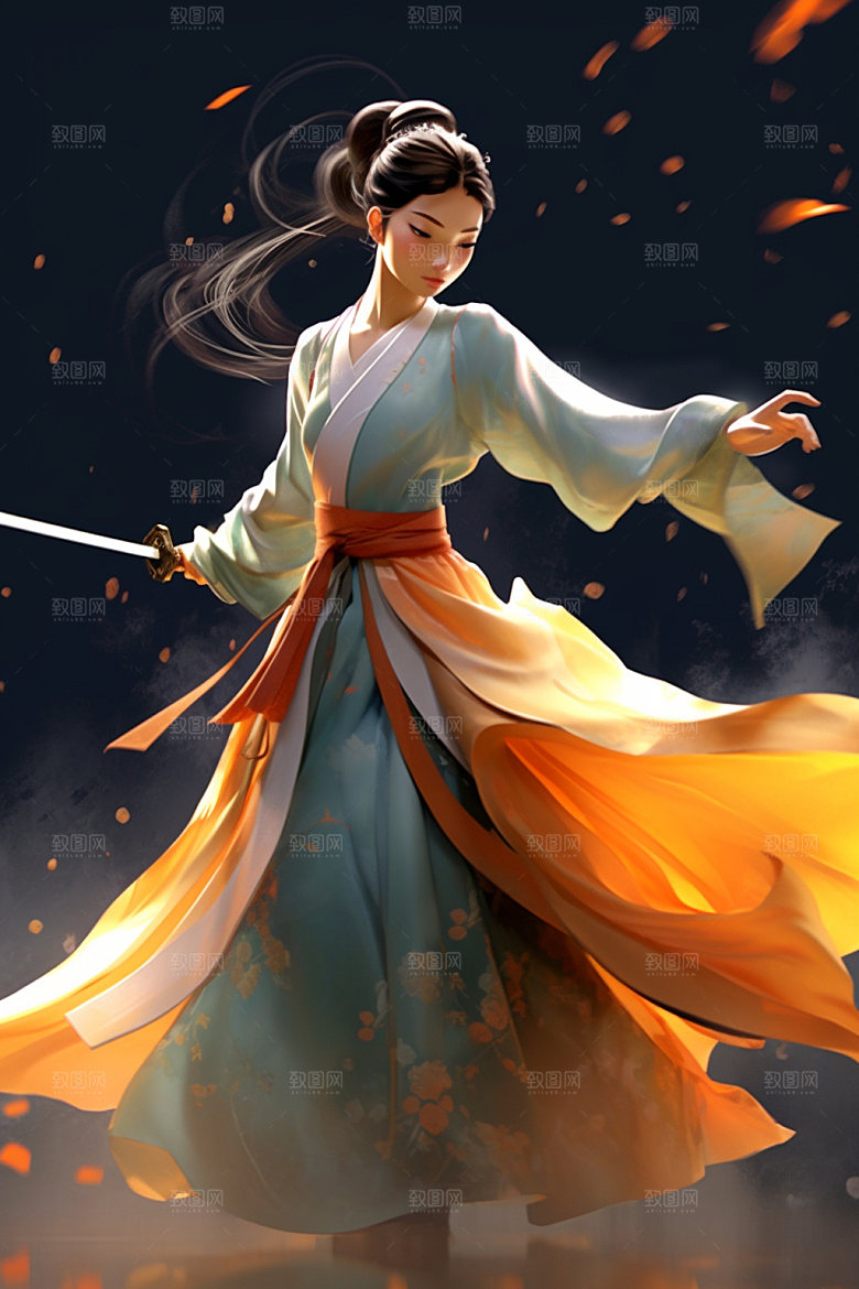 武侠少女武术中式插画