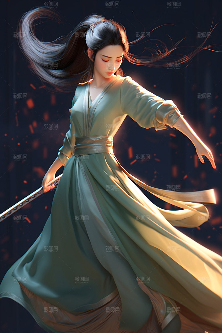 武侠少女汉服中式插画
