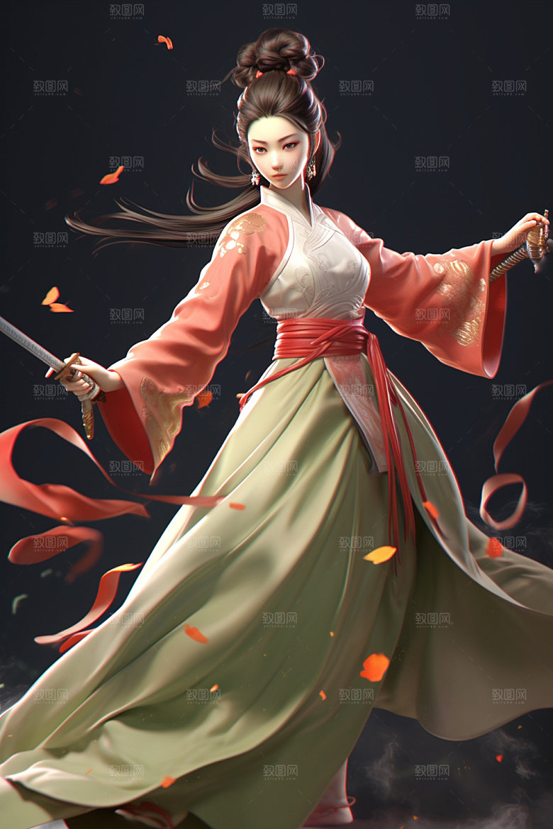 武侠少女武术中式插画