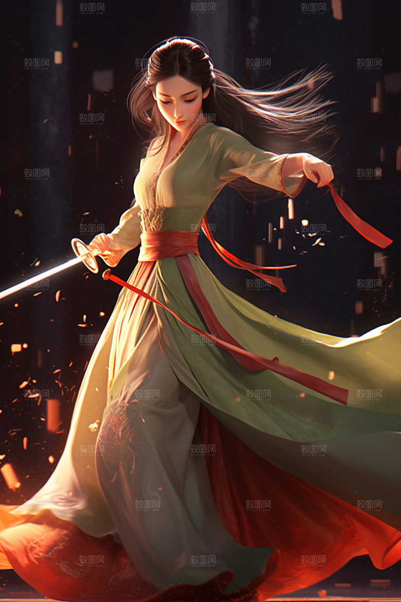 武侠少女中式传统文化插画