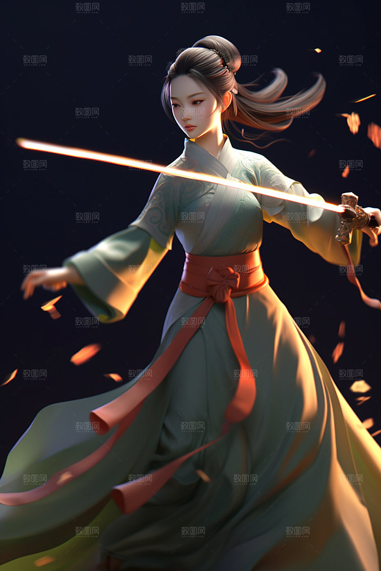 武侠少女汉服中式插画