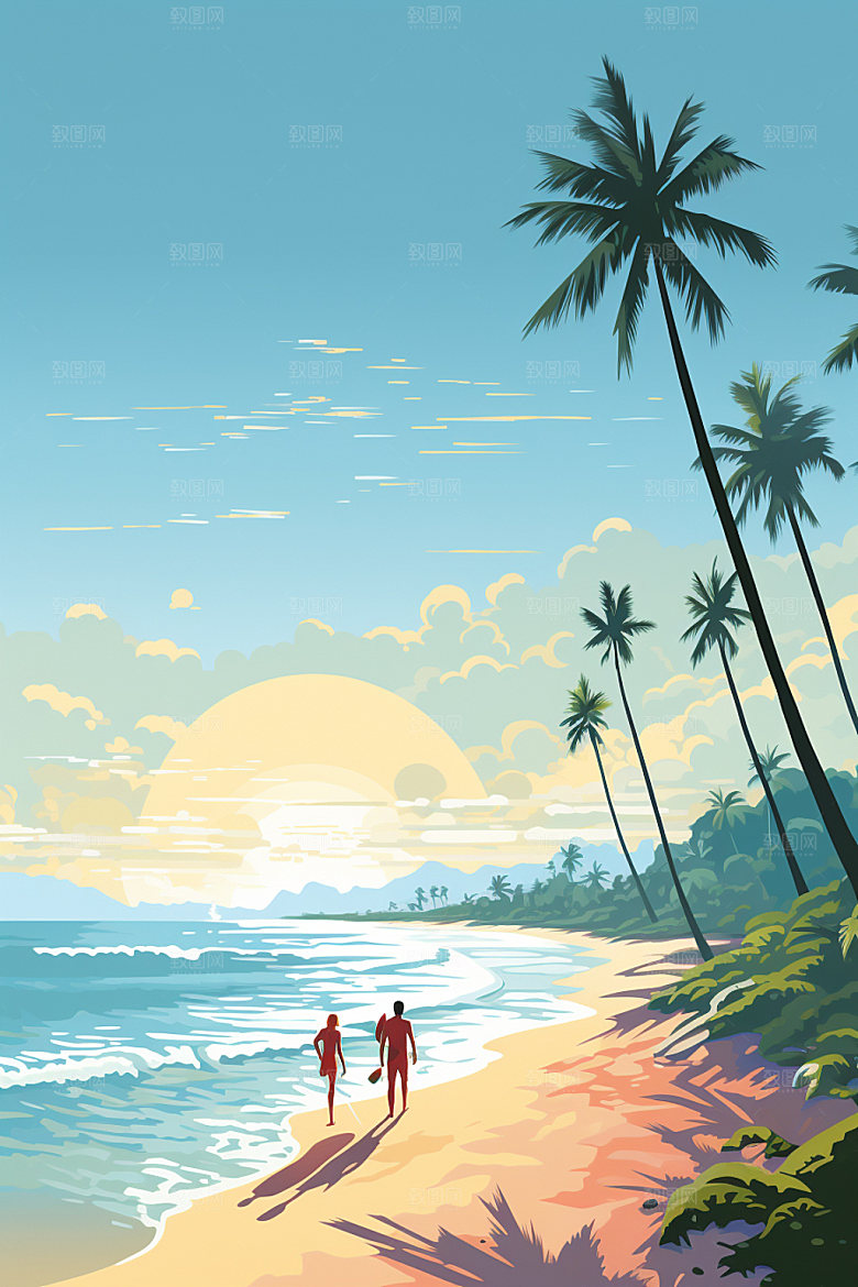 夏季海边夏日插画素材