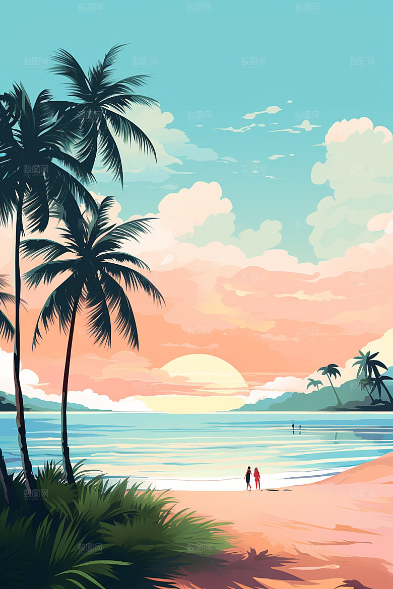 夏季海边沙滩插画素材