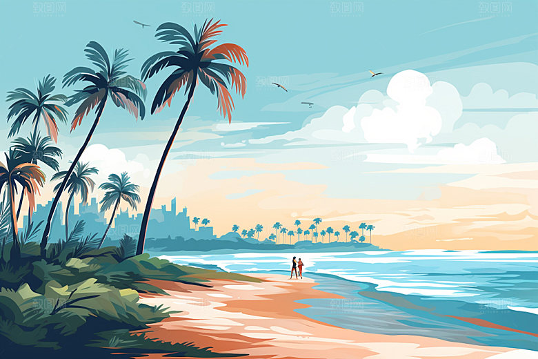 夏季海边插画沙滩素材