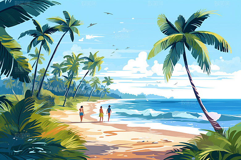 夏季海边插画旅行素材