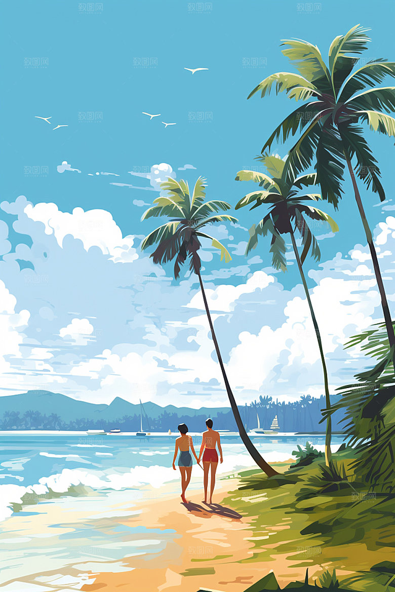 夏季海边夏日插画素材