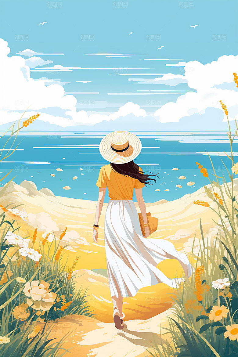夏季海边插画沙滩素材