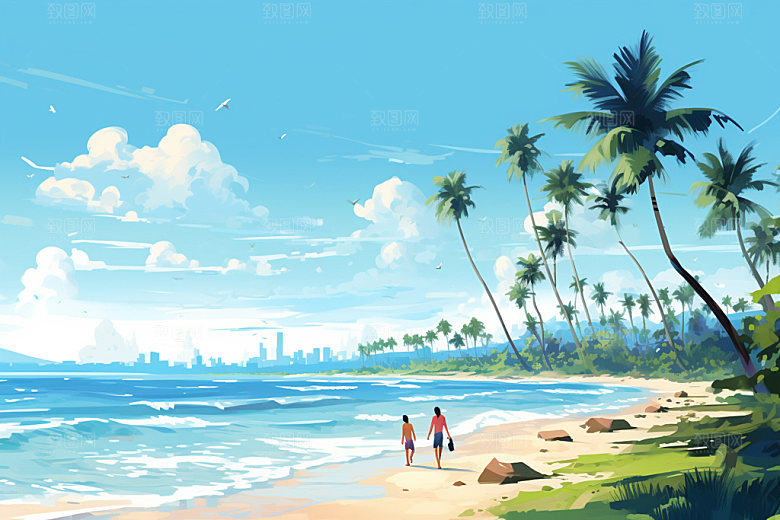 夏季海边大海插画素材