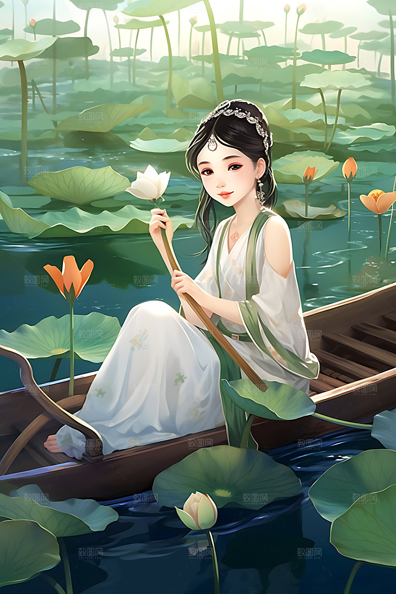 夏季赏荷手绘水墨插画