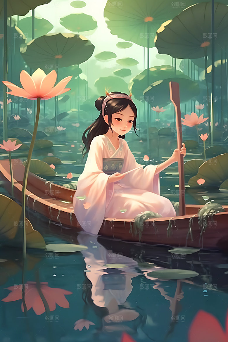 夏季赏荷中国风手绘插画
