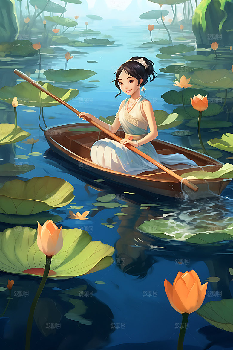 夏季赏荷划船夏日插画