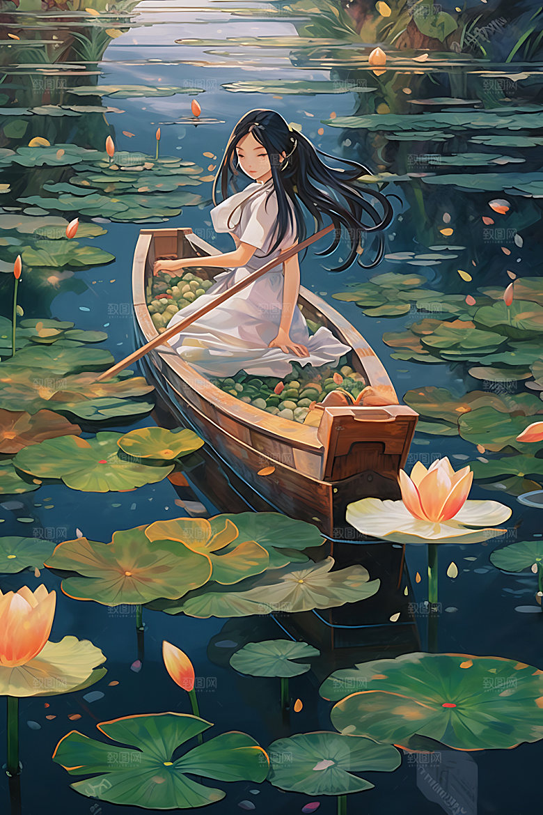 夏季赏荷水墨唯美插画