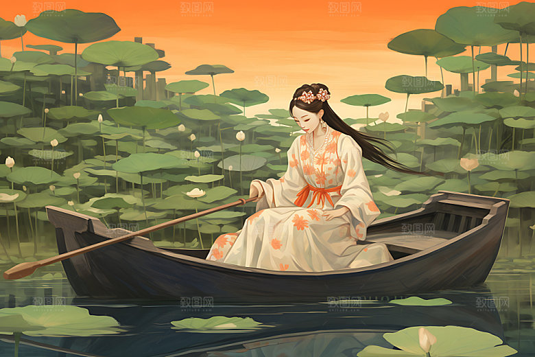 夏季赏荷水墨中国风插画
