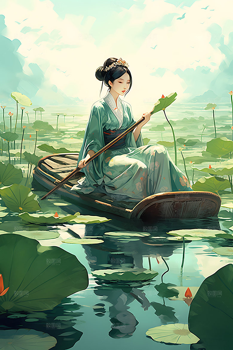 夏季赏荷夏日泛舟插画